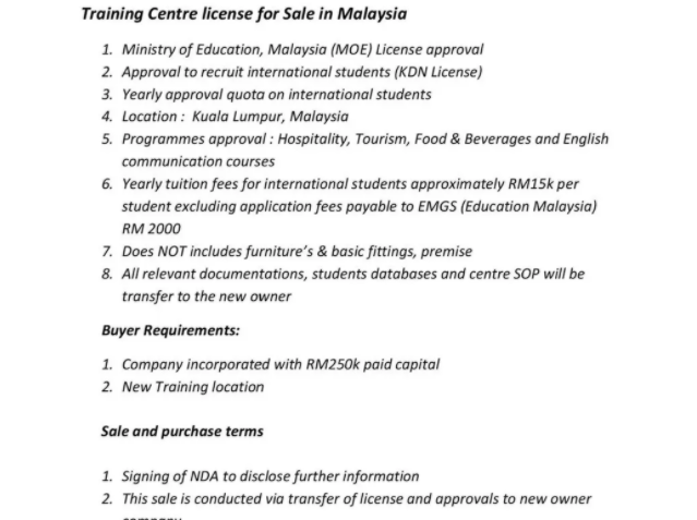 Training Centre License for Sale in Malaysia